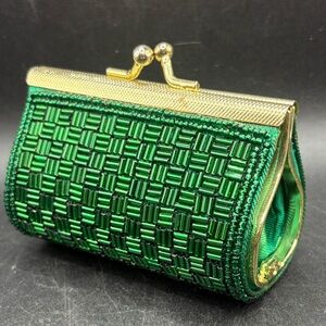 Mary McFadden Vintage Emerald Green Beaded Coin Purse Micro Mini Clutch Bag